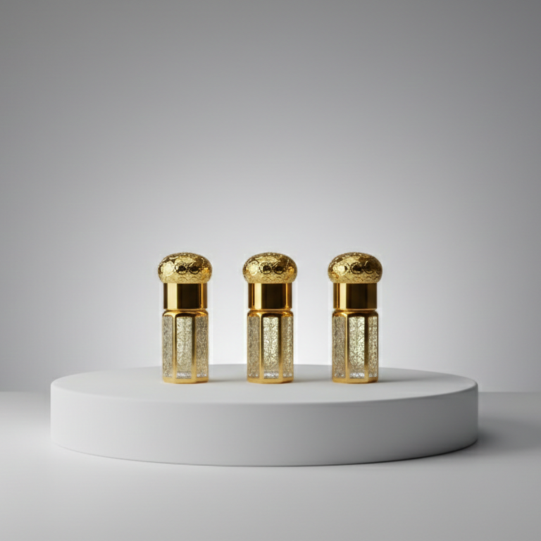 Three gold cylindrical objects on a white pedestal against a gray background