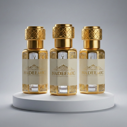 Three gold and white perfume bottles on a gray background