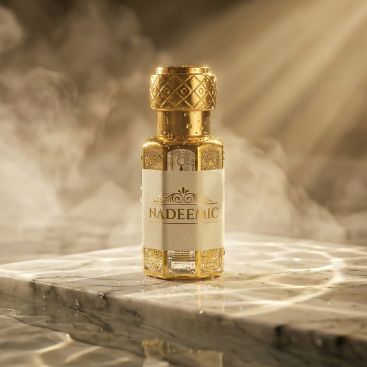 Gold and white bottle labeled 'Nadeem' on a reflective surface with steam in the background